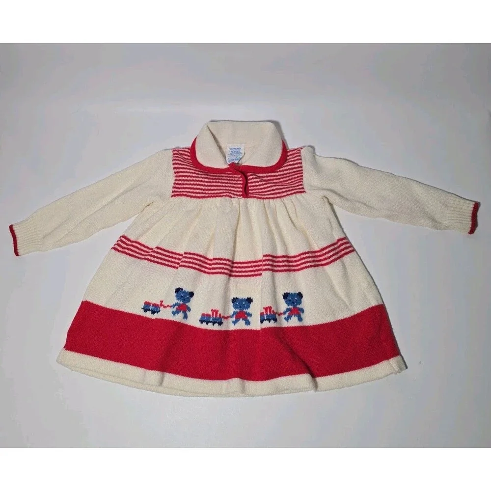 Vtg Nann Knits 24 Months White & Red Soft Girls Sweater Dress With Blue Bears
